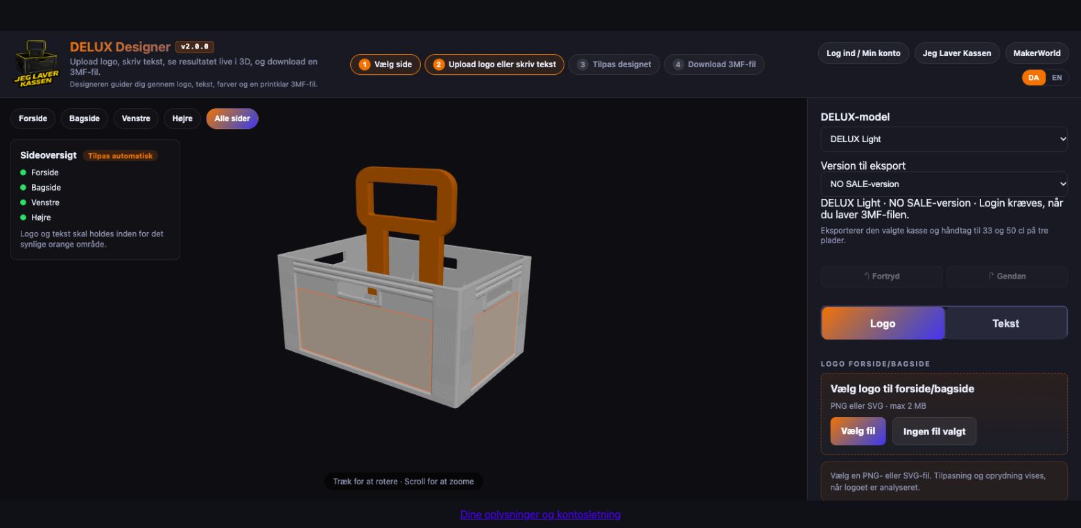DELUX Designer v2 med tekst, logo og 3D-visning